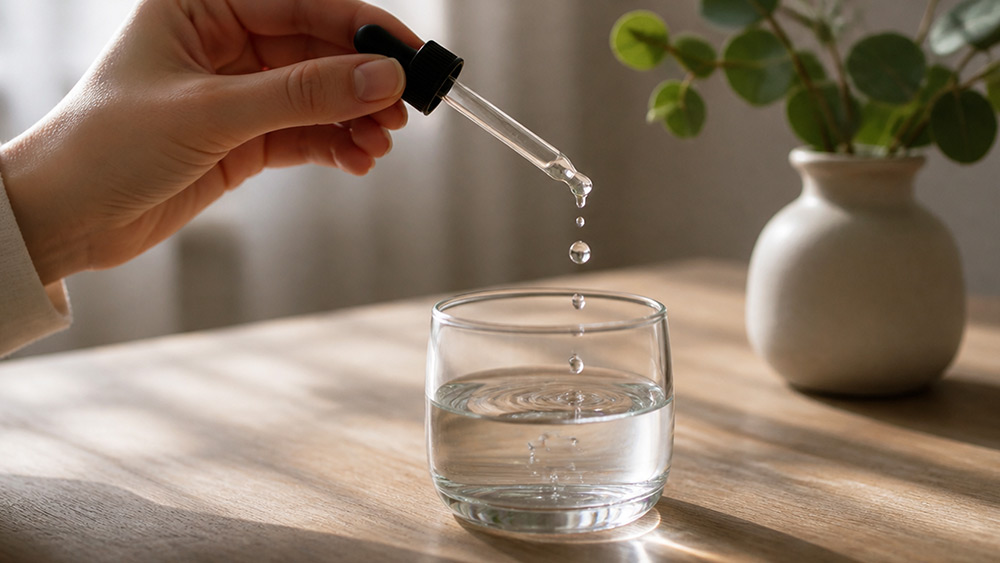 スポイトで液体を飲み物に垂らす様子