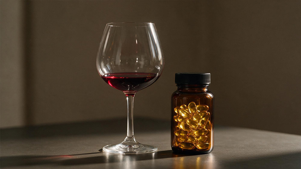 ワイングラスと錠剤のボトル